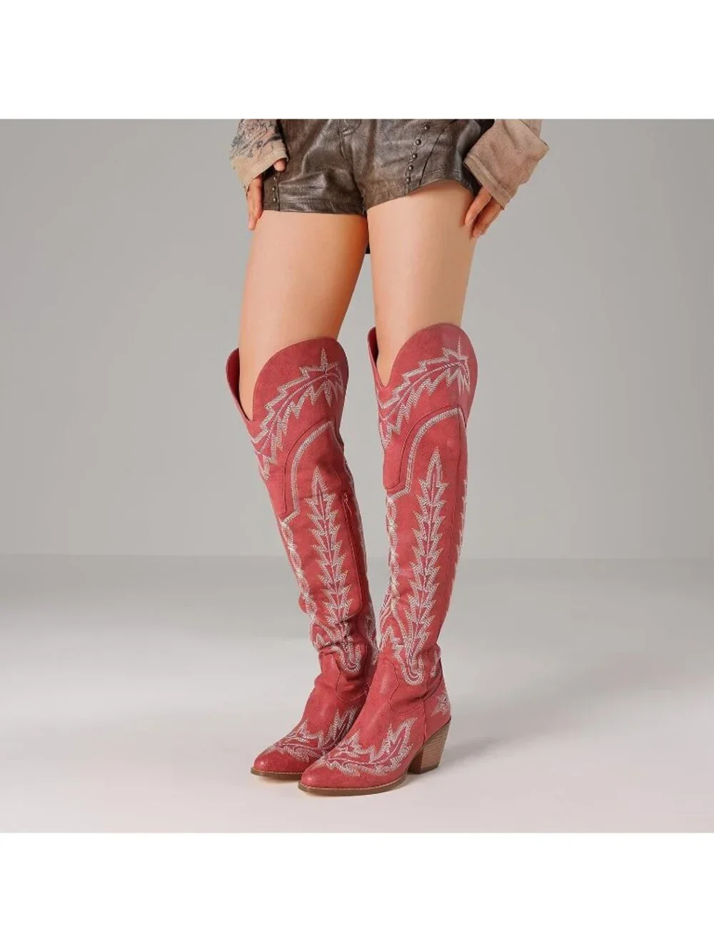 Women's Red High Thigh Embroidered Western Pointed Toe Chunky High Heel Boots